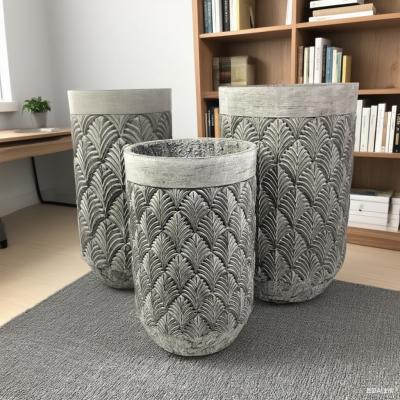 GRC Pot Grey Cylindrical Repetitive Palm Leaf Pattern Low-maintainence Office Decoration