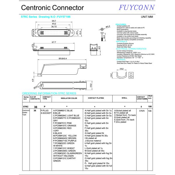тип разъём-вилка разъема Pin припоя Centronic 36 штырей трудный с крышкой 90° пластичной