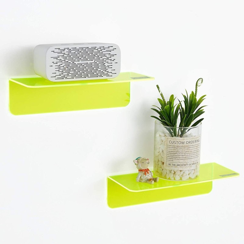 Single-Tier Wall-mounted Acrylic Rack with Floating Shelf and Clock Speaker Storage Perforation-Free for Pot Storage