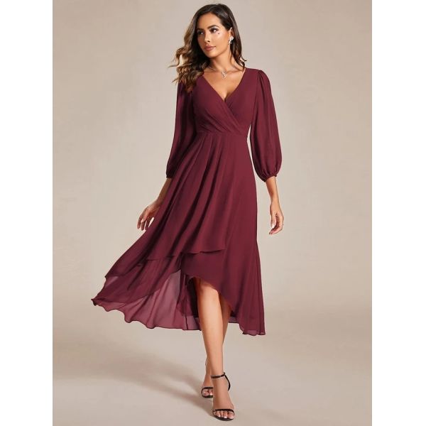 Elegant Empire Long Sleeve V-neck High Low A-line Ruffled Midi Dark Purple Chiffon Wedding Guest Cocktail Dress