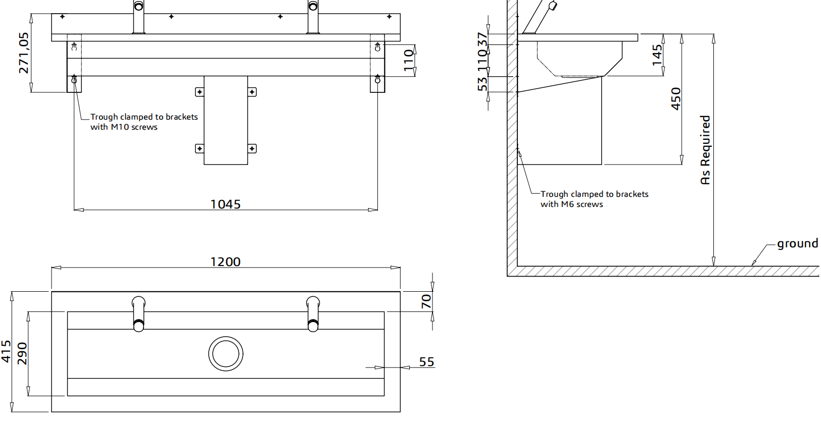 Commerical Wall Mounted Hung Single Wash Trough Basin Utility Stainless Steel 304 for food factory farms and petting zoos.