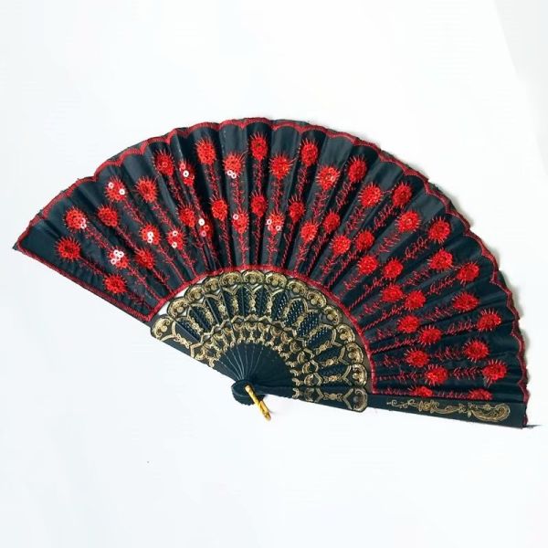 Hot Selling Foldable Hand Held Fan Black Plastic Embroidery Sequin Hand Fan