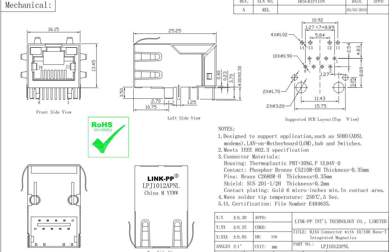 J1012F21R 10/100BT RJ45 с интегрированным соединителем защищаемым Magnetics LPJ1012APNL
