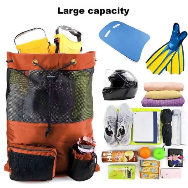 Gym Sports Drawstring Backpack Waterproof Mesh Polyester Beach Travel Bag