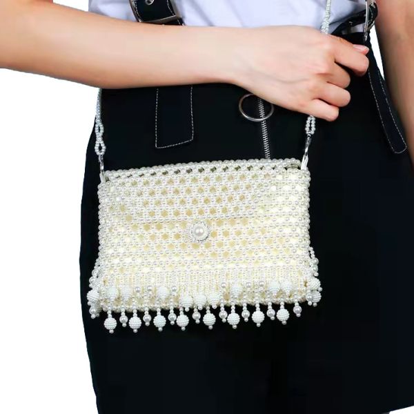Women 6mm Pearl Hand Bags , White Woven Bead Bag Hand weaving OEM