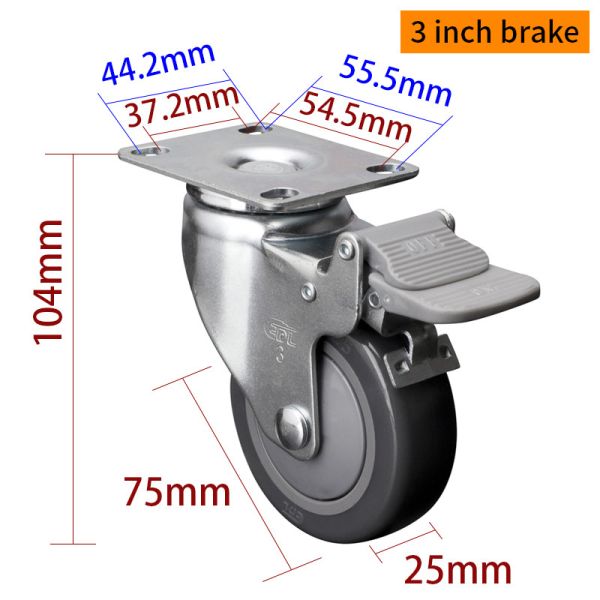 3 Inch 75mm Light Duty Casters 80kg Plate By Rigid Swivel / Brake Type