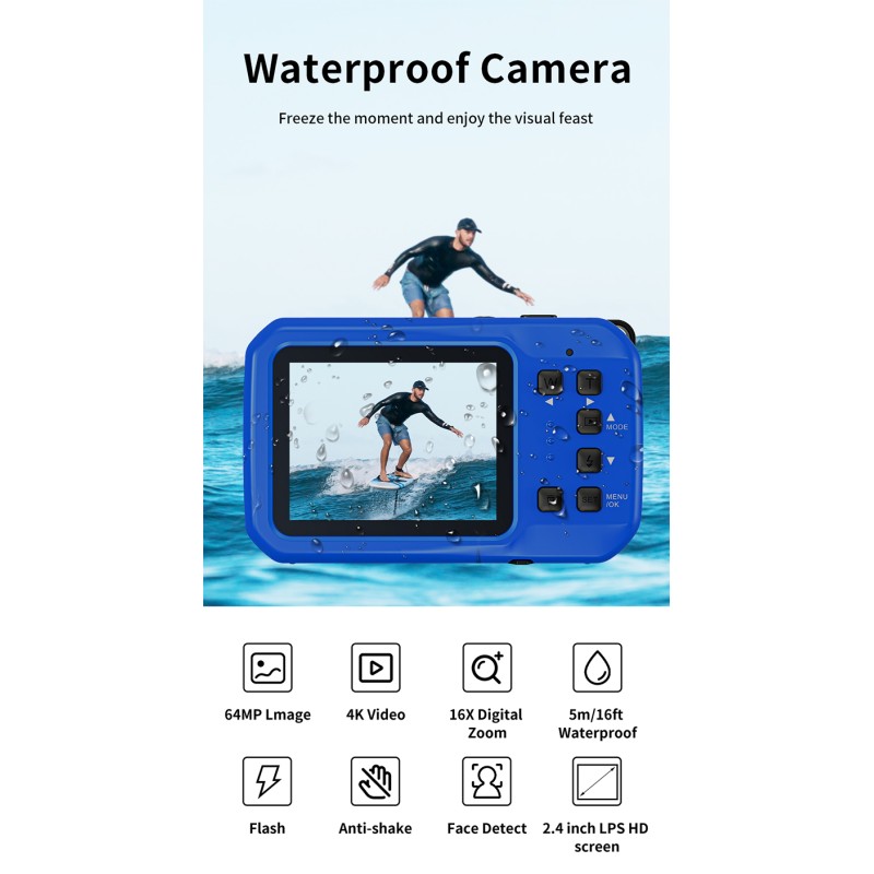 Retro Vintage HD 4K 64MP Waterproof Camera IP68 5M Waterproof Auto Focus 16X Digital Zoom Underwater Camera for Snorkeling
