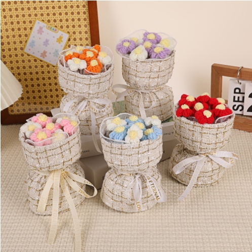 Small Style Knitted Wool Bouquet 8 Puff Flowers Hand-Woven Bouquet Creative Birthday Gift Multiple Color 10*10*15cm