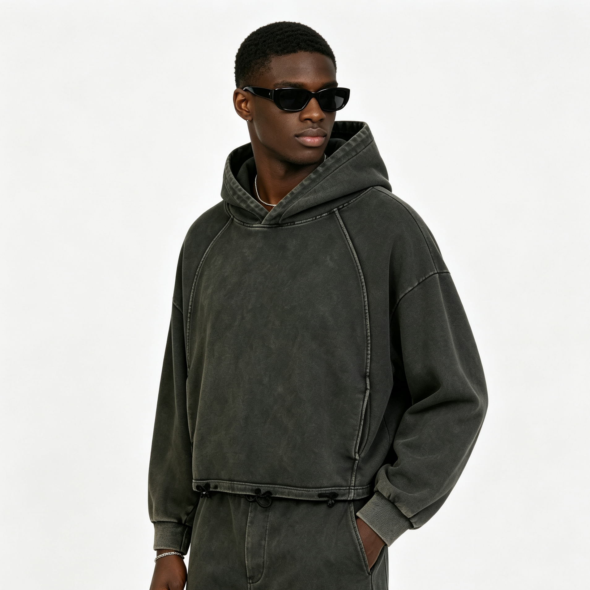 Men’s Wax-Dyed Cropped Hoodie 340G Oversized Streetwear Distressed Sweatshirt