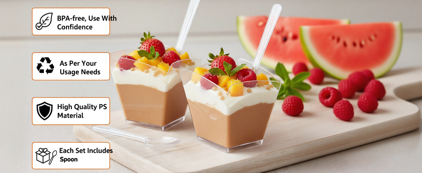 4 Oz Square Plastic Dessert Cups With Spoons, Clear Parfait Appetizer Cups, Mini Party Trifle Shooter Serving Cup For Mousse, Puddings, Cocktails Appetizers Fruit