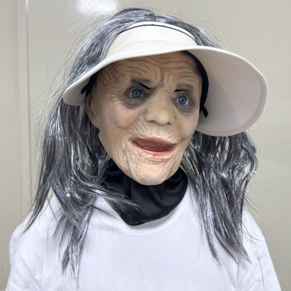 Old Lady Human Face Mask with Wig and Visor, Realistic Latex Elder Woman Mask for Halloween Cosplay Costume, Props