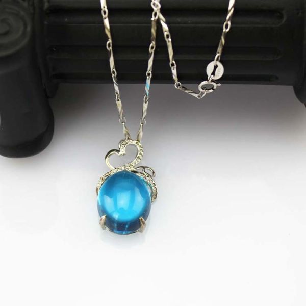 Sterling Silver Oval Created BlueTopaz Dome Cubic Zircon Gemstone Pendant  Silver Chain(PSJ0343)