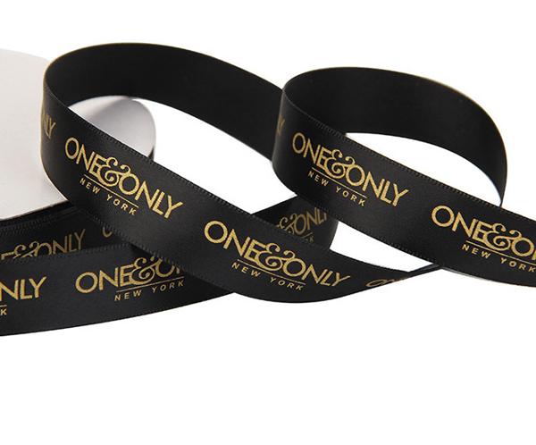 Cheap Satin Ribbon With Hot Stamped Gold Logo – Affordable Custom Ribbon factory