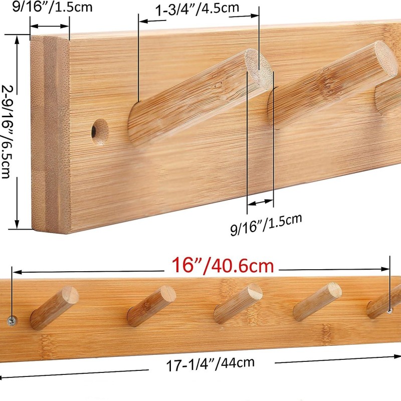 Customized 5-Pegs Bamboo Wall Mounted Coat Rack Single-Tier Entryway Hat and Bathroom Kitchen Towel Hangers for Wall