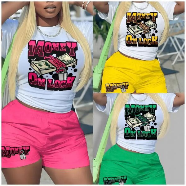                  Summer Short Sleeve Graffiti Printing T-Shirt Shorts Women Tracksuit Two Piece Short Sets             