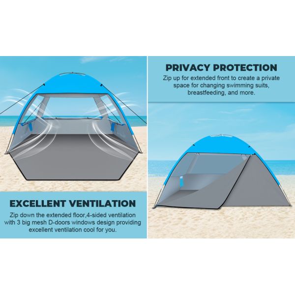 Beach Tent Sun Shelter - Portable Sun Shade Instant Tent for Beach Carrying Bag, Stakes, 6 Sand Pockets, Anti UV