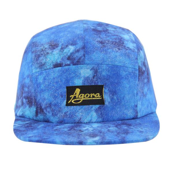 Customized 5 Panel Camp Caps With All Over Sublimation Printing And Woven Patch Logo