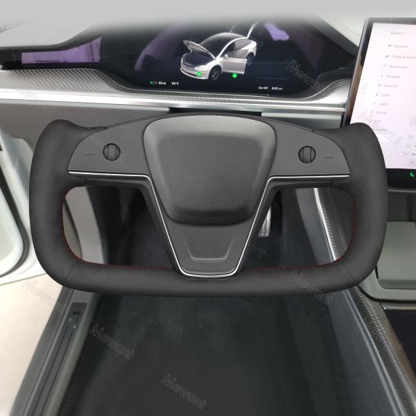 Custom Hand Stitching Black Soft Suede Steering Wheel Cover for Tesla Model S X 2021-2023