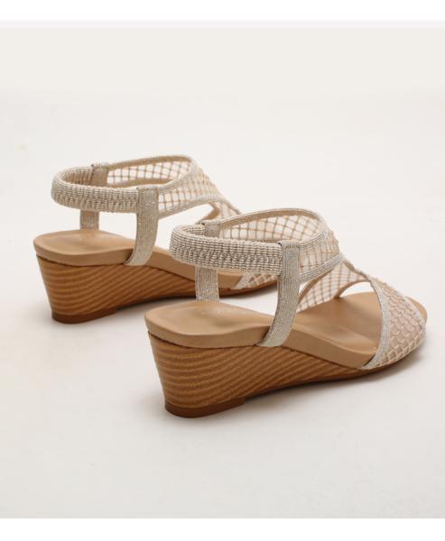 BS150 Wedge Heel Sandals Women'S Summer New Fashion Elastic Band Mid-Heel Fish Mouth Breathable Mesh Roman Shoes Sandals