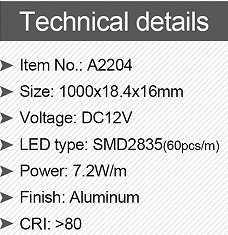12V SMD2835 7.2W/M 1000*18.4*16mm Aluminio A2204 Luz de banda para armarios y armarios
