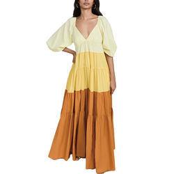                  Ladies V Neck Puff Sleeve Dress for Women Color Block Clothing Manufacturers Elegant Nylon Custom Logo Maxi Dress             