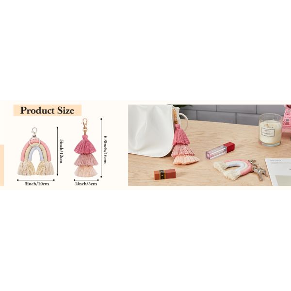 Rainbow Keychain Macrame Weaving Rainbow Tassel Keychains Car Keyring Holder Jewelry for Bag Wallet Purse Women