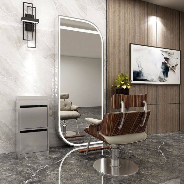 Kingstin LED Floor Standing Blade-shaped Mirror with Light Gold Black Arched Styling Unit for Hairdresser