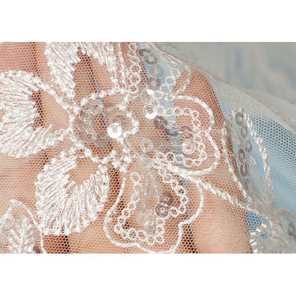 White Floral Embroidery Corded Lace Fabric With Beads And Sequins For Wedding Dress