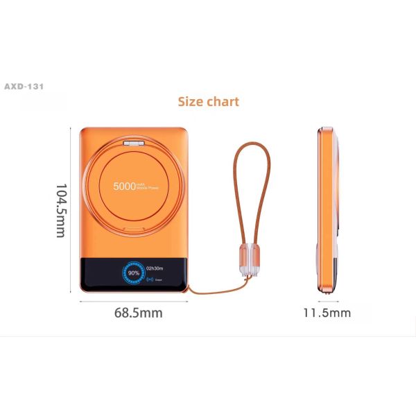 Type C Aluminum Alloy Wireless Magnetic Powerbank 5000mAh 22.5W With LED Screen