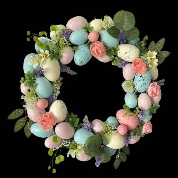 Senmasine Egg Easter Wreath for Front Door Hanging Spring Decor Mixed Colorful Plastic Eggs Artificial Leaves Flowers Wreaths