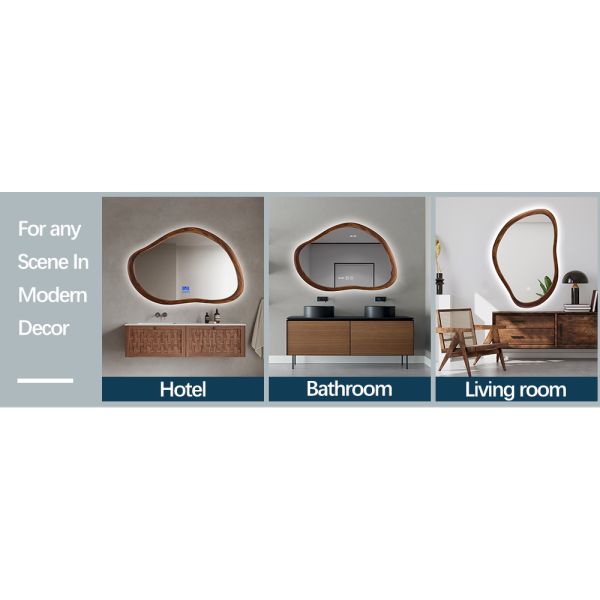 Walnut Wood Frame Irregular Bathroom Mirror 5mm With Edge Lighting Dimming