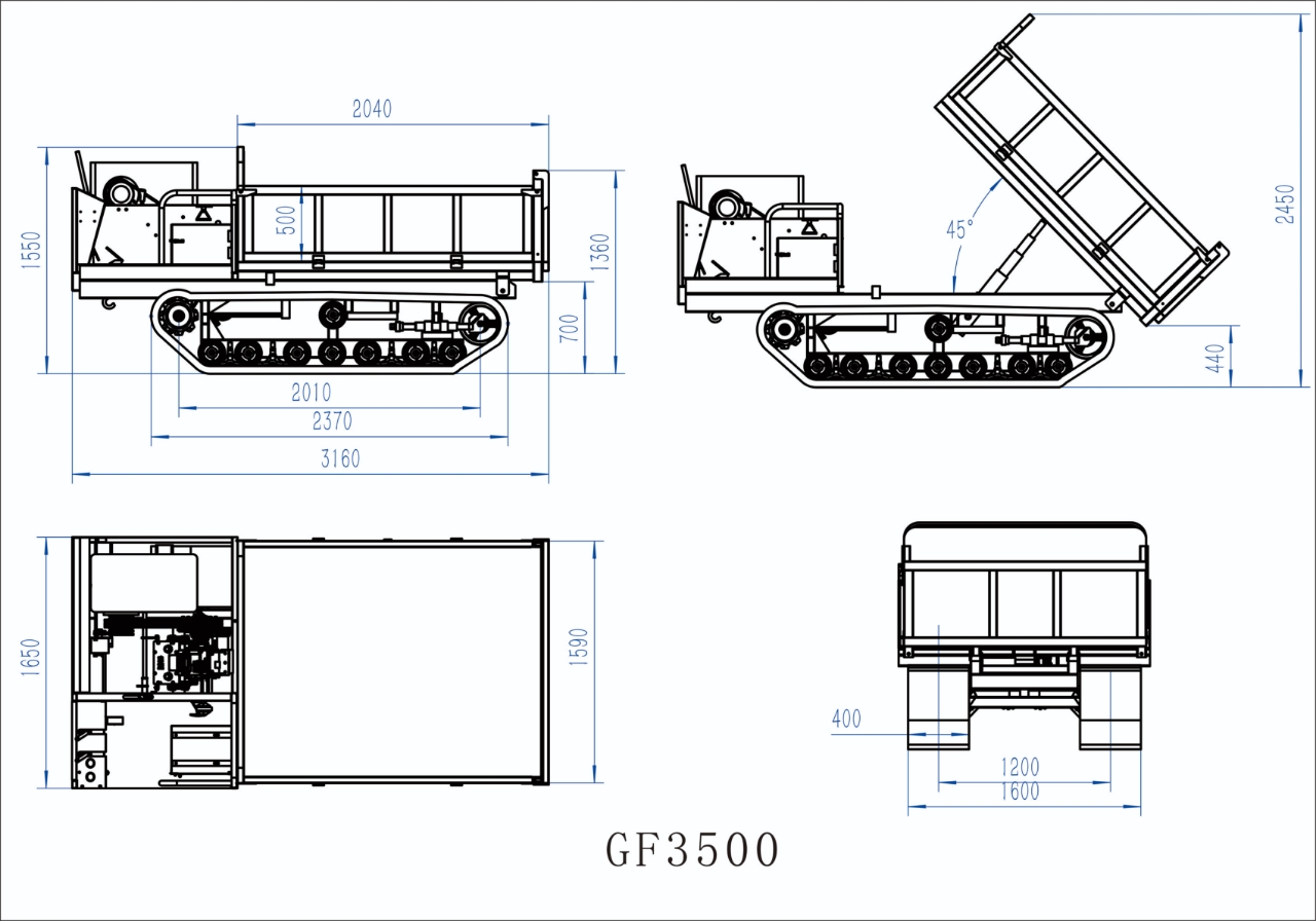 26.6HP Горнодобывающие машины Боковой сброс стиль GF3500 резиновый трассы Crawler Dumper