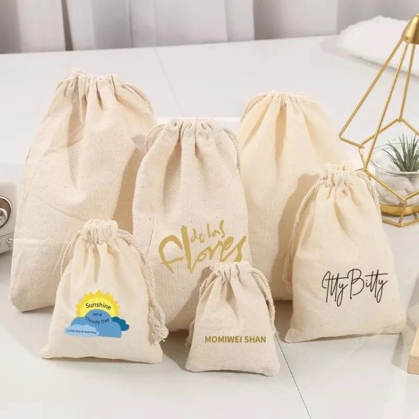 Reusable School Bag Trolley Custom Logo Printed Linen Cotton Canvas Drawstring Bag