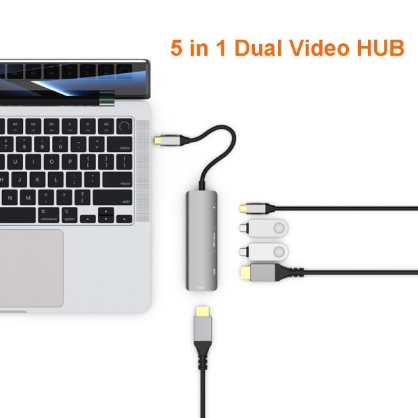 5 In 1 USB C To Dual HDMI Multi Monitor Adapter With USB C Data Port And Power Delivery