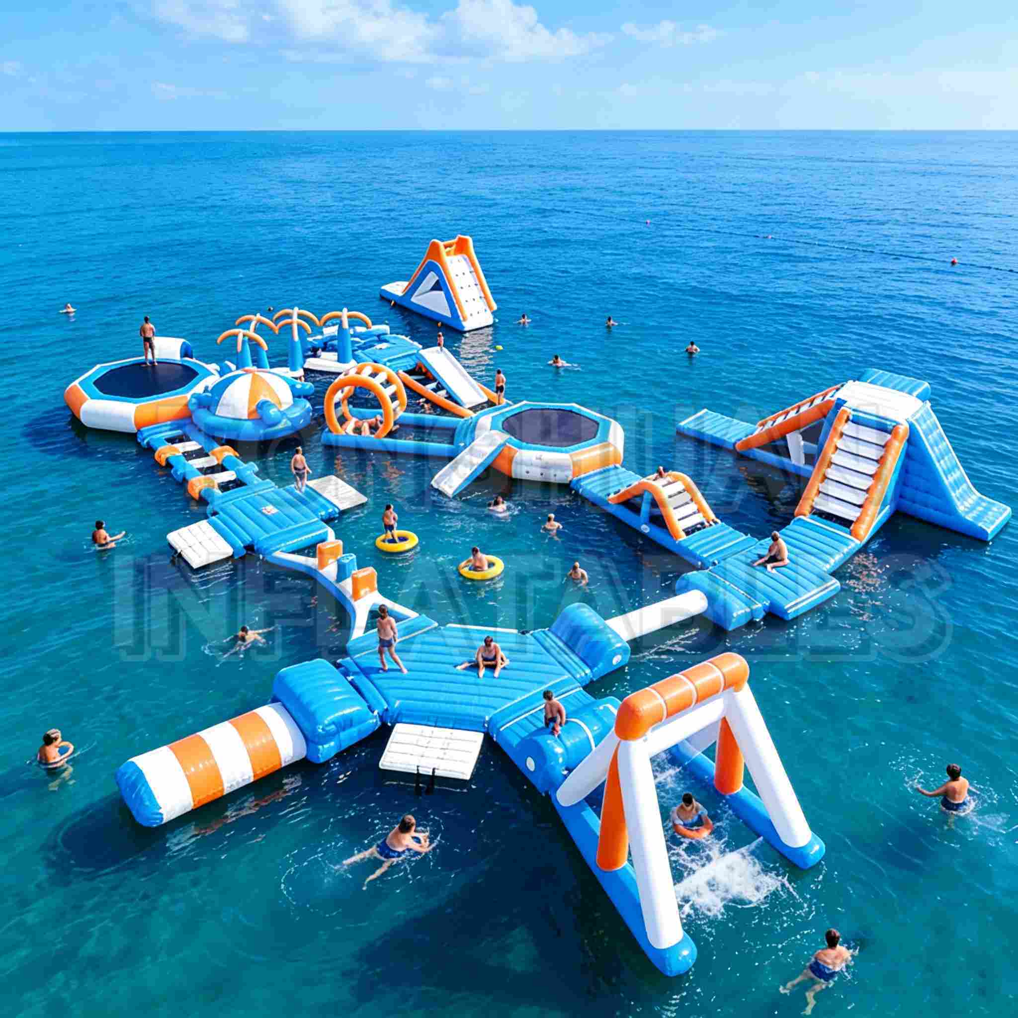Large Inflatable Ocean Adventure Park with Modular Slides Trampolines Climbing Elements and Activity Zones for Beaches Hotels and Water Recreation Businesses