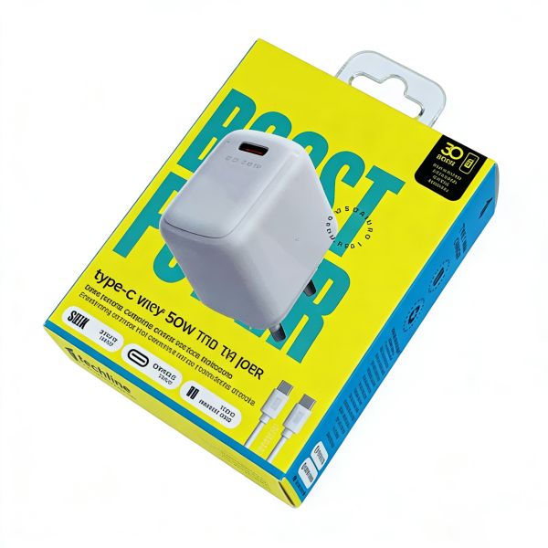 Custom Logo Printed 30W USB-C Charger Packaging Box with Blister Hook Window for Phone Chargers