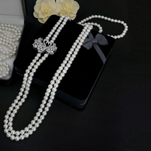 White 8mm Shell Pearl Double Strands Sweater Necklace with Cubic Zirocnia Swan Charm (SN702143SWAN)