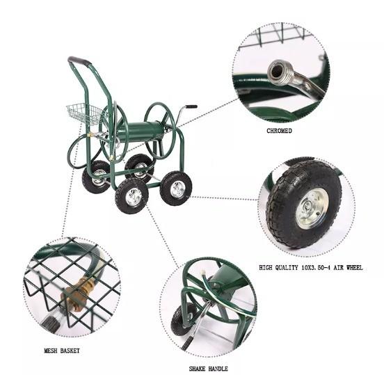 Four-Wheel Steel Garden Hose Reel Cart for Convenient Heavy Duty Tool and Hose Storage