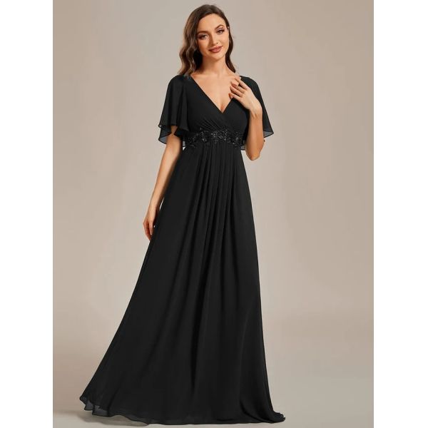 Sexy Empire Applique A-line Short Flutter Sleeves V-neck Invisible Zipper Burnt Orange Chiffon Evening Dress