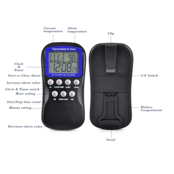 DTH-11 -50 To 300℃ Digital Food Cooking Thermometer, Alarm Kitchen Thermometer With Timer Function For Meat, Milk, Grill, Oven, Smoker, Barbecue