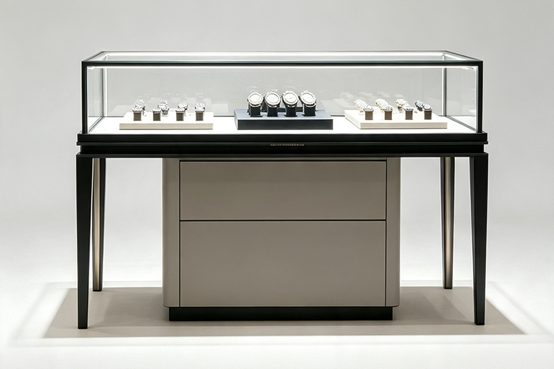 Custom Modern Watch Display Counter with Ultra Clear Tempered Glass and Customizable Inner Liner for Luxury Watch Boutique