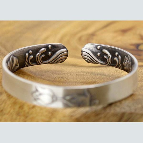 Adjustable Retro Sterling Silver Cuff Bracelet Engraved Flower(XH056244W)