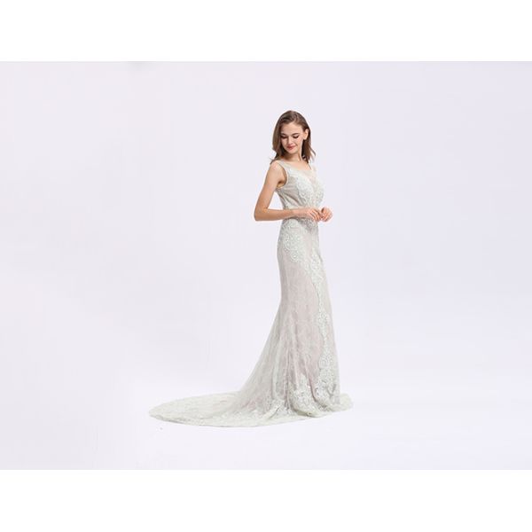 White Elegant European Style Evening Dresses Gown Lace Embroidery Sweep Train