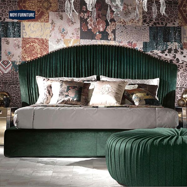 Mail Packing Modern Luxury King Size Bed Wide Headboard Gold Stainless Steel Fabric Bedroom Bed Set Designs Furniture