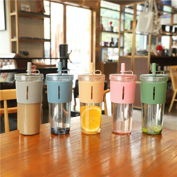 Camp Outdoor Custom Logo Double Wall Milk Tea Straws Cup 700ml with Silicone Sleeve