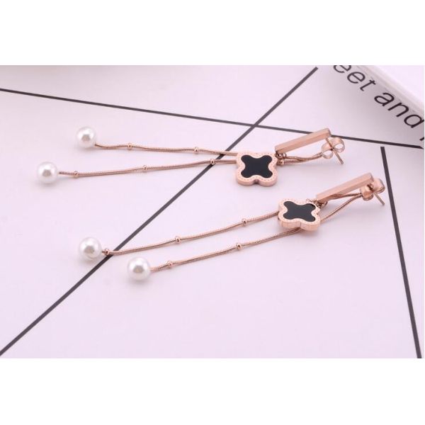 Pearl Pendant Tassel Stainless Steel Earrings, Jewellery Fashion Four Leaf Clover Stud Black Heart Drop Earrings