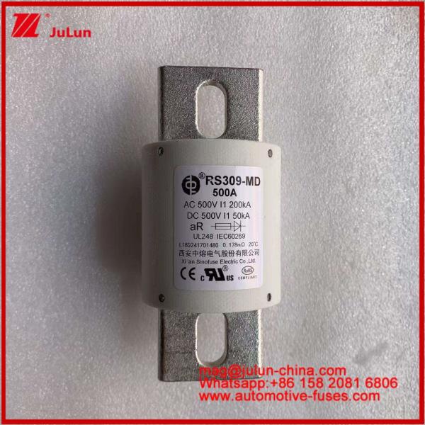 500VDC 200KA 500VAC 50KA AR Fuseau rapide en céramique tubulaire Fuseau RS309-MD 500A Pour les véhicules électriques et les systèmes de batterie de puissance