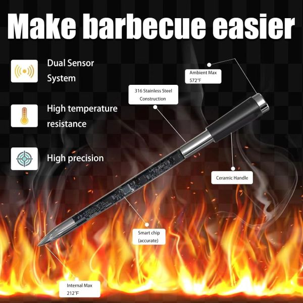 Long distance 150m Remote Smart Bbq  Thermometer Instant Read Digital Bluetooth 5.0 Wireless Meat Thermometer 10 Modes  Meat Thermometer