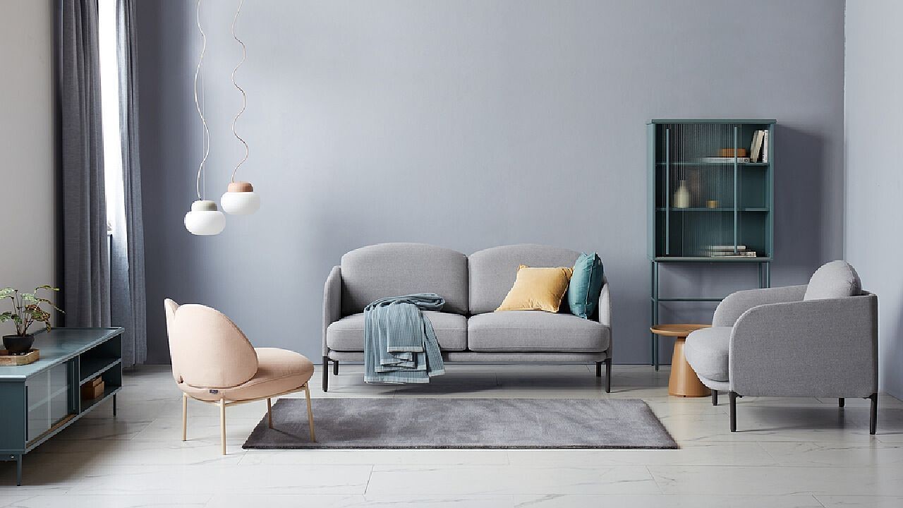 NORDIC MINIMALIST 2 SEATER LIGHT GREY FABRIC SOFA, WATERPROOF TECH CLOTH UPHOLSTERED SOFA WITH BLACK METAL LEGS FOR LIVING ROOM, APARTMENT, VILLA & HOTEL PROJECT