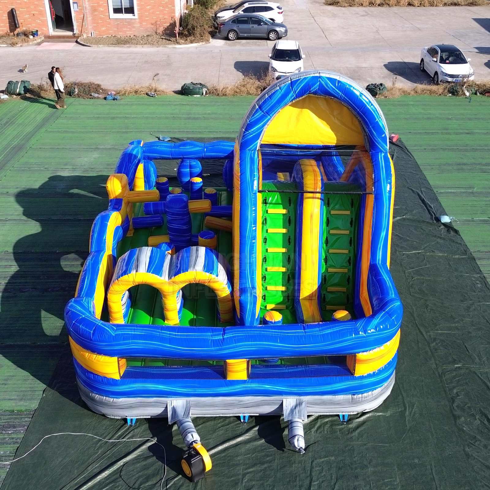 Commercial Compact Inflatable Obstacle Course with Dual Climbing Lanes Slide Tunnels and Safety Walls for Parks and Rentals